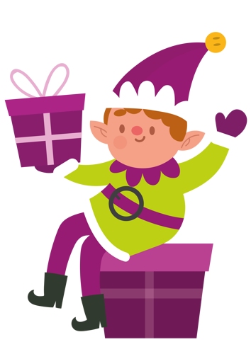 An elf sitting on a box holding a present