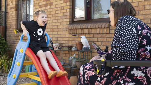 A Child Slides Down A Plastic Slide, Excitedly Interacting With An Adult Seated Nearby, In A Sunny Backyard Setting With A Small Bird Perched Close By