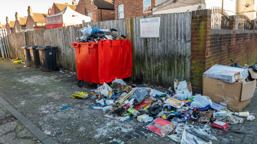 An Outdoor Area With Red And Black Trash Bins In Front Of A Wooden Fence. Trash, Including Cardboard, Plastic, And Other Debris, Is Scattered On The Ground