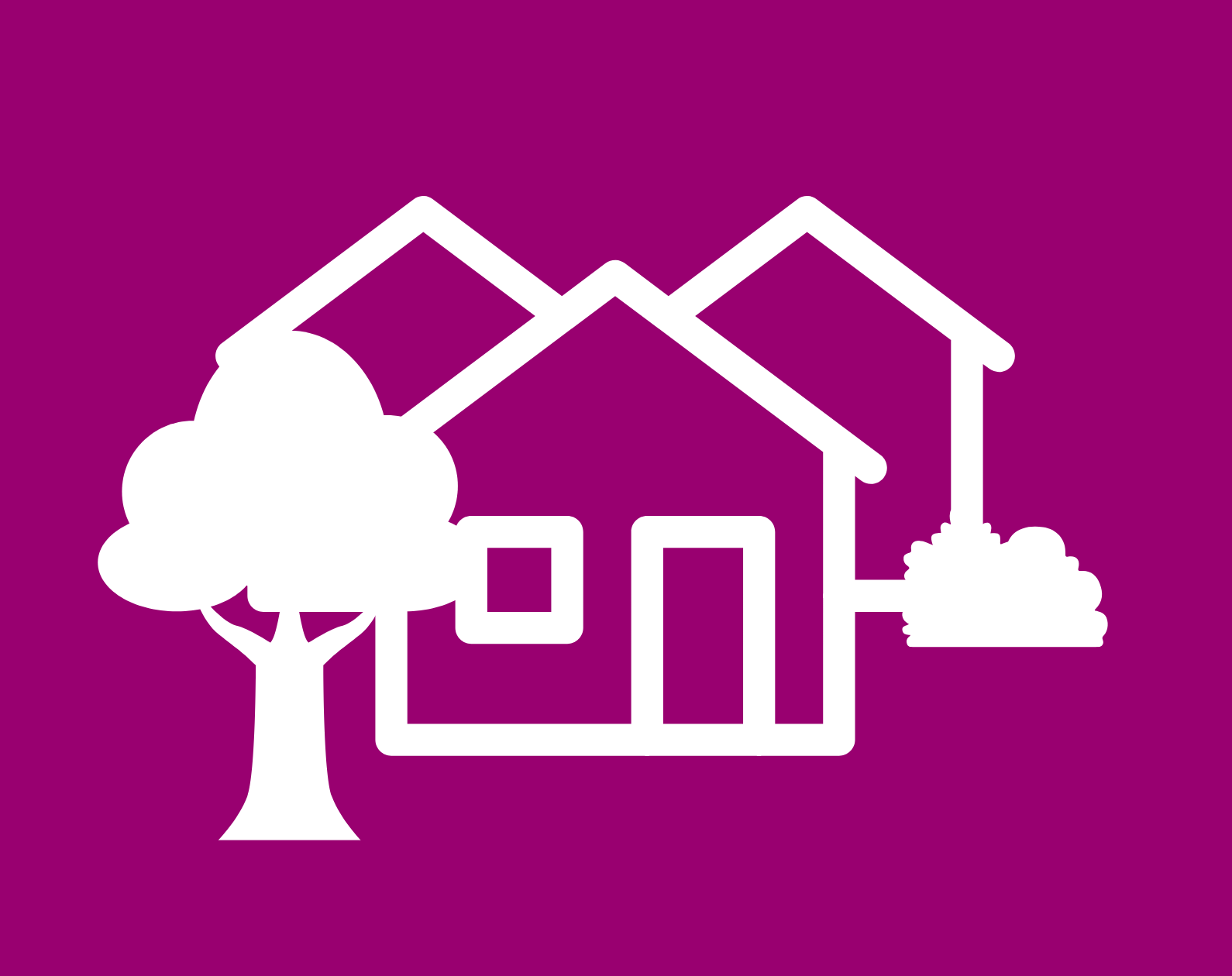 Icon of multiple houses with a tree and a bush Icon of multiple houses with a tree and a bush