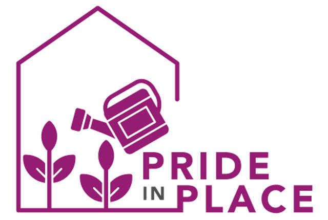 Pride In Place Logo With Cartoon Plants Being Watered