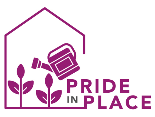 Pride In Place Logo With Cartoon Plants Being Watered