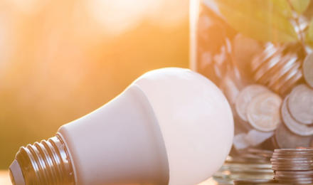 A lightbulb next to a jar of coins