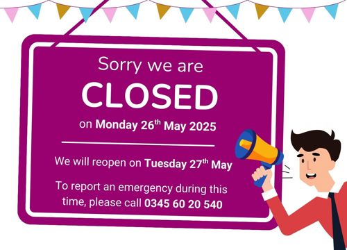 Sign stating 'Sorry we are CLOSED on Monday 26th May 2025. We will reopen on Tuesday 27th May 2025.' A person holding a megaphone next to the sign under festive banners.