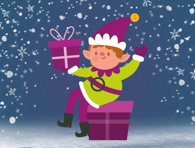 An elf sitting and holding a present in the snow