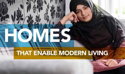 Photo Of A Lady On A Sofa With The Words Homes That Enable Modern Living