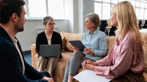 Three Women One Man Sat On Sofa With Laptops Having A Meeting In An Office Setting