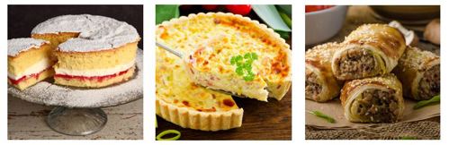 A collage of a sponge cake, a quiche and sausage rolls