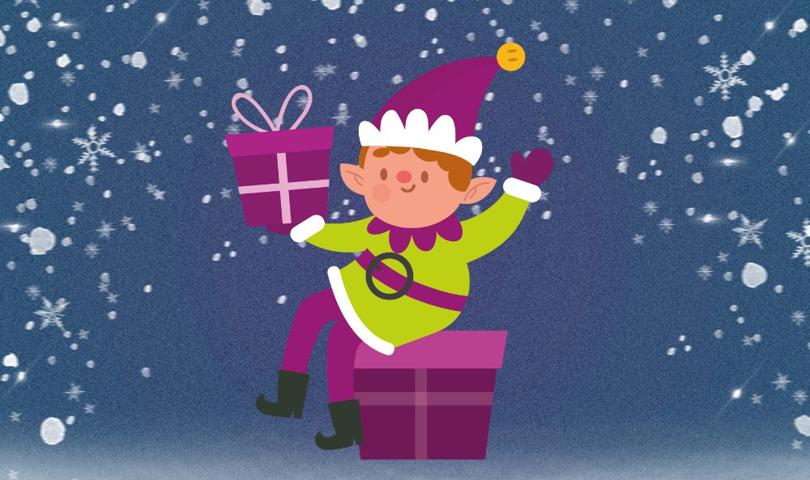 An elf holding a present sitting on a purple box