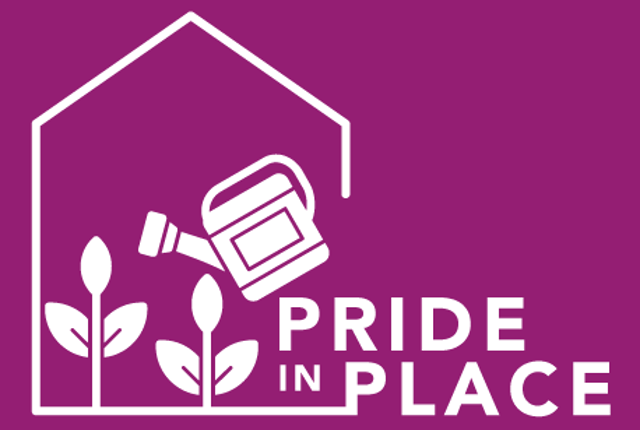 Pink Pride In Place Logo With A Watering Can And Flowers